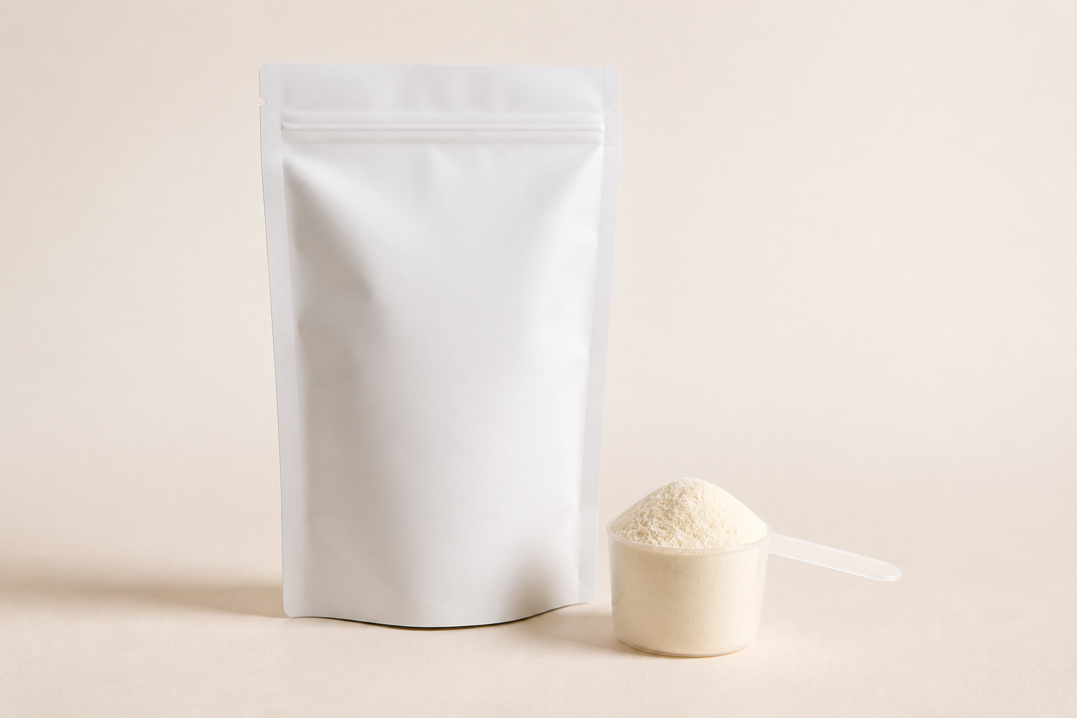 Unbranded dry milk powder pouch and measuring scoop