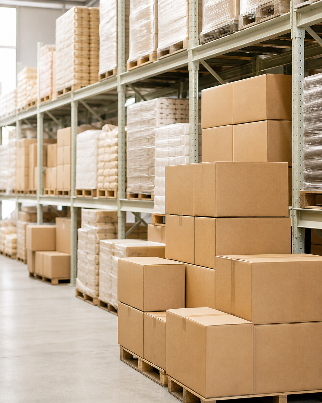Warehouse aisles with packaged goods ready for distribution