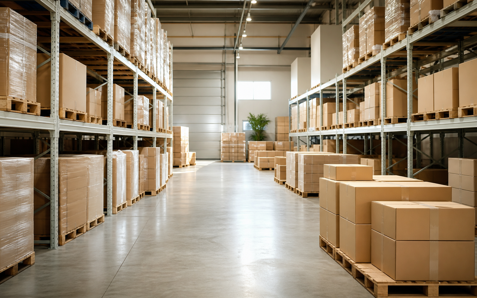 Rows of packaged goods stored on warehouse shelves